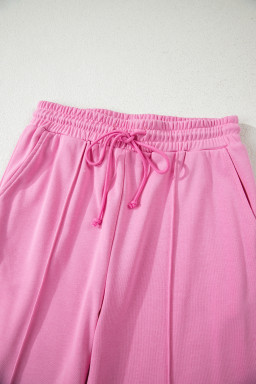 Bright Pink Polo Collar V Neck Pullover and Drawstring Sweatpants Set