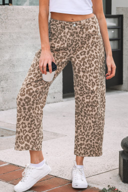 Khaki Leopard Print Straight Loose Jeans