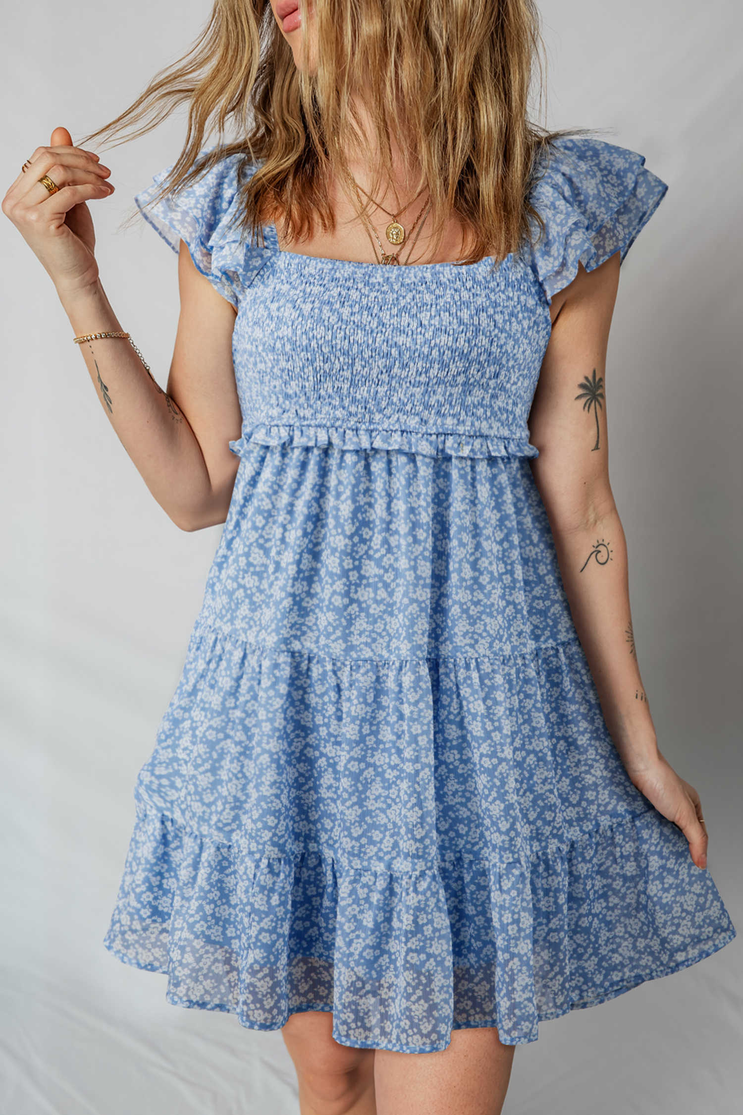 Sky Blue Floral Print Square Neck Flutter Sleeve Smocked Tiered Mini Dress