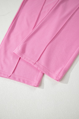 Bright Pink Polo Collar V Neck Pullover and Drawstring Sweatpants Set