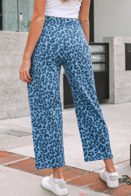 Sky Blue Leopard Print Straight Loose Jeans