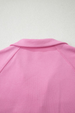 Bright Pink Polo Collar V Neck Pullover and Drawstring Sweatpants Set