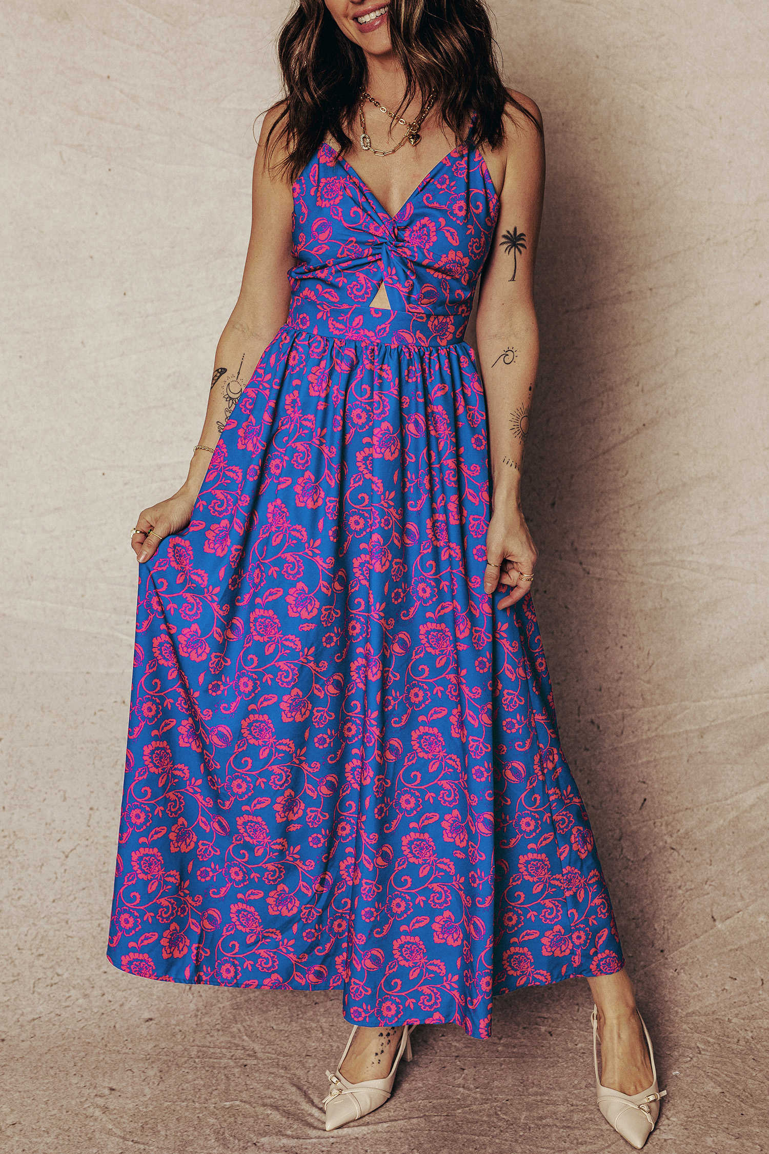 Blue Floral Print Twisted V Neck Tied Backless Maxi Dress