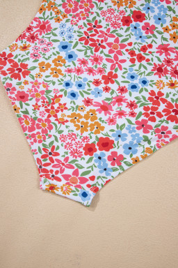 Red Floral Print Ricrac Trim Spaghetti Strap One Piece Swim Dress