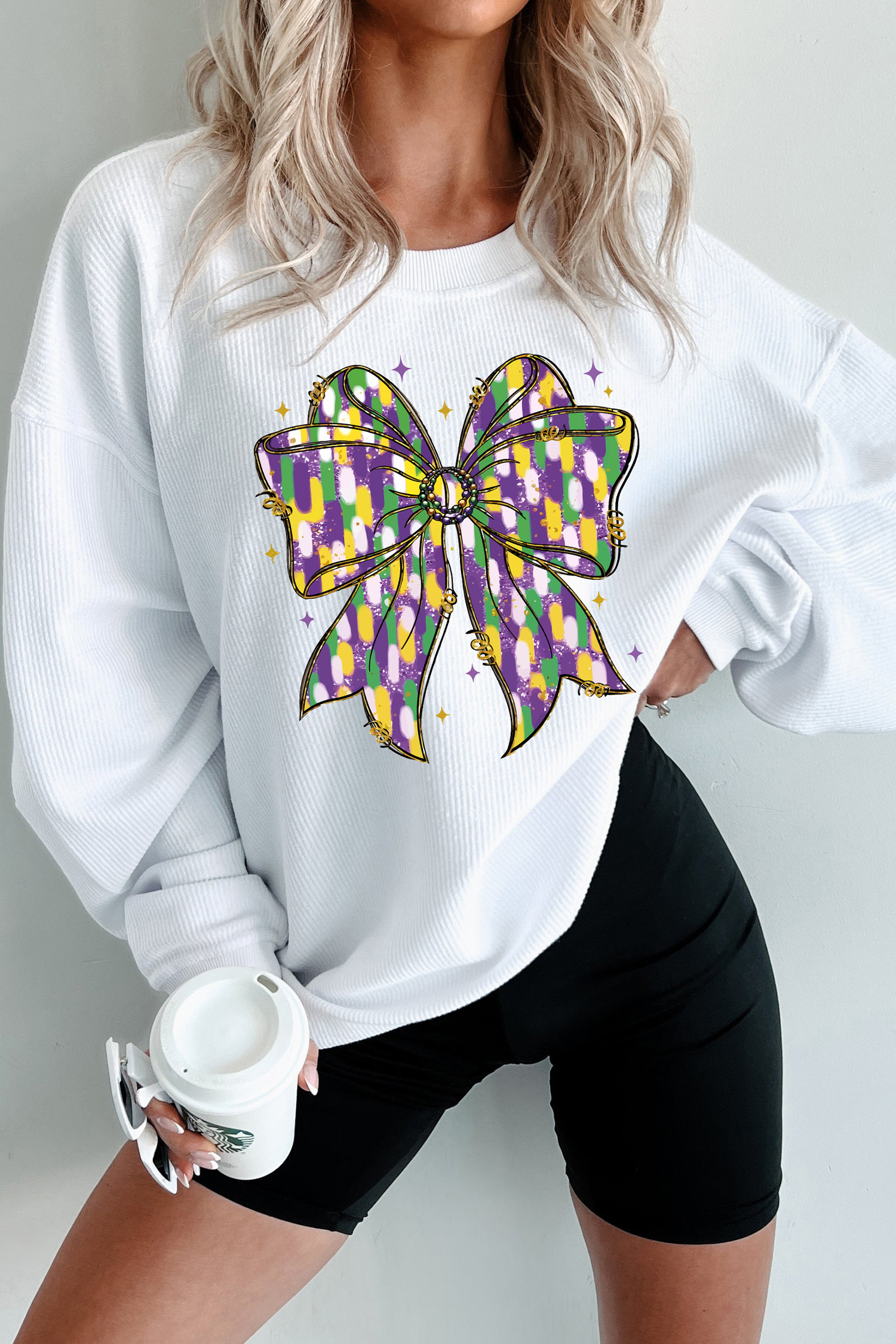 White Mardi Cheerful Bow Printed Corded Ribbed Sweatshirt