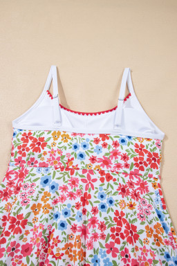 Red Floral Print Ricrac Trim Spaghetti Strap One Piece Swim Dress