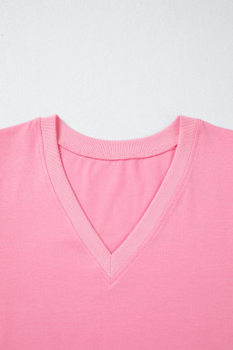 Bonbon Solid Color V Neck Short Puff Sleeve Blouse