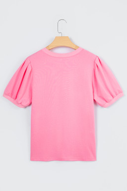 Bonbon Solid Color V Neck Short Puff Sleeve Blouse