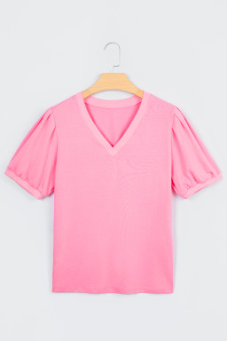 Bonbon Solid Color V Neck Short Puff Sleeve Blouse