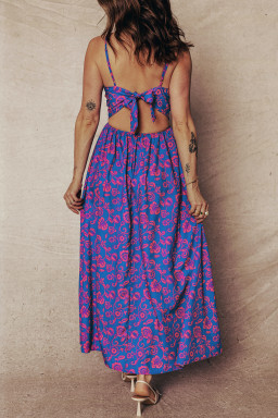 Blue Floral Print Twisted V Neck Tied Backless Maxi Dress