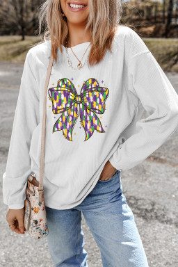 White Mardi Cheerful Bow Printed Corded Ribbed Sweatshirt