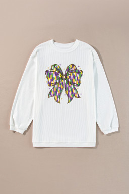 White Mardi Cheerful Bow Printed Corded Ribbed Sweatshirt