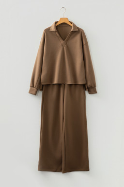 Coffee Solid Color V Neck Top and High Waist Pants Set