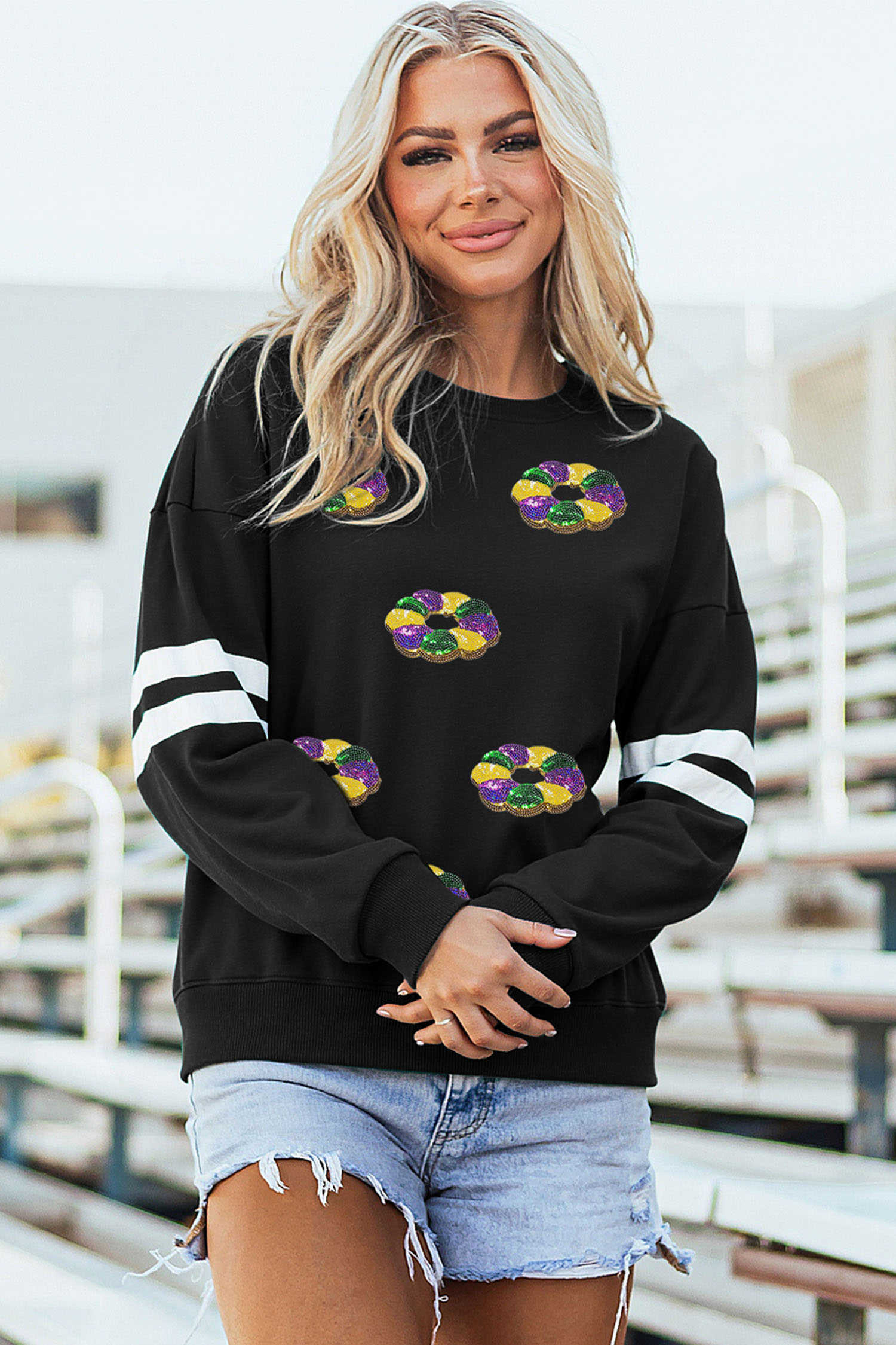 Black Mardi Gras Donuts Sequin Patched Varsity Sweatshirt