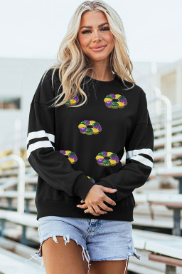 Black Mardi Gras Donuts Sequin Patched Varsity Sweatshirt