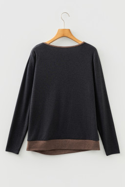 Chicory Coffee Color Block Trim V Neck Button Decor Long Sleeve Top