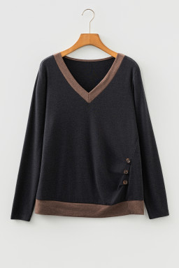 Chicory Coffee Color Block Trim V Neck Button Decor Long Sleeve Top