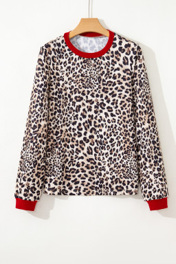 Brown Leopard Print Contrast Trim Round Neck Long Sleeve Top