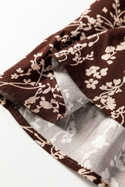 Brown Ditsy Floral Print Split Neck Long Sleeve Shirred Waist Flared Mini Dress
