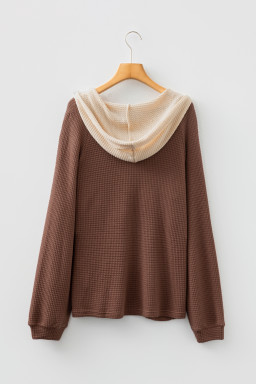 Coffee Waffle Contrast Half Buttoned Hooded Pullover Top