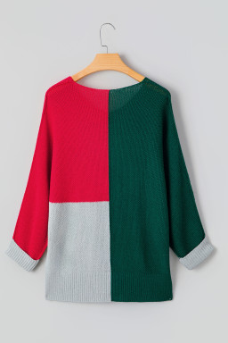 Evergreen Color Block Knit V Neck Loose Sweater