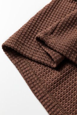 Coffee Waffle Contrast Half Buttoned Hooded Pullover Top