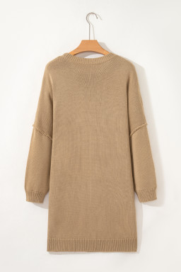 Pale Khaki Exposed Seam Drop Shoulder Oversize Sweater Mini Dress