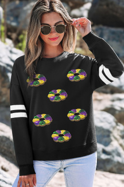 Black Mardi Gras Donuts Sequin Patched Varsity Sweatshirt