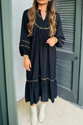 Vestit midi informal de màniga llarga amb coll obert i vora de lleopard en contrast negre