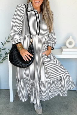 Black Stripe Scallop Trim Shirt Collar Half Button 3/4 Sleeve Long Dress