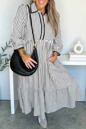Black Stripe Scallop Trim Shirt Collar Half Button 3/4 Sleeve Long Dress