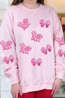 Pink Sequined Bow Patched Pattern Pullover Sweatshirt