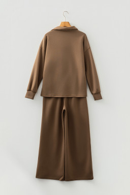 Coffee Solid Color V Neck Top and High Waist Pants Set