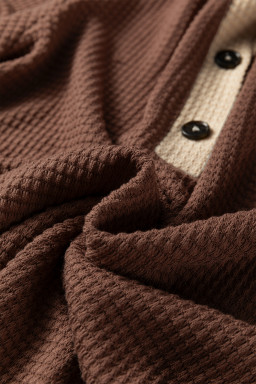 Coffee Waffle Contrast Half Buttoned Hooded Pullover Top