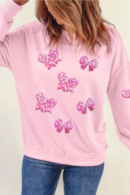 Pink Sequined Bow Patched Pattern Pullover Sweatshirt