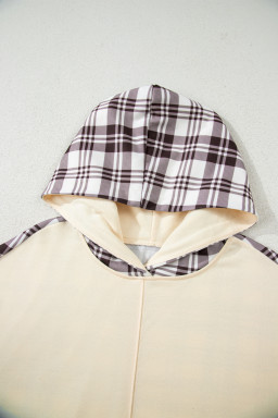 Beige Plaid Patchwork Side Slit Sweatshirt
