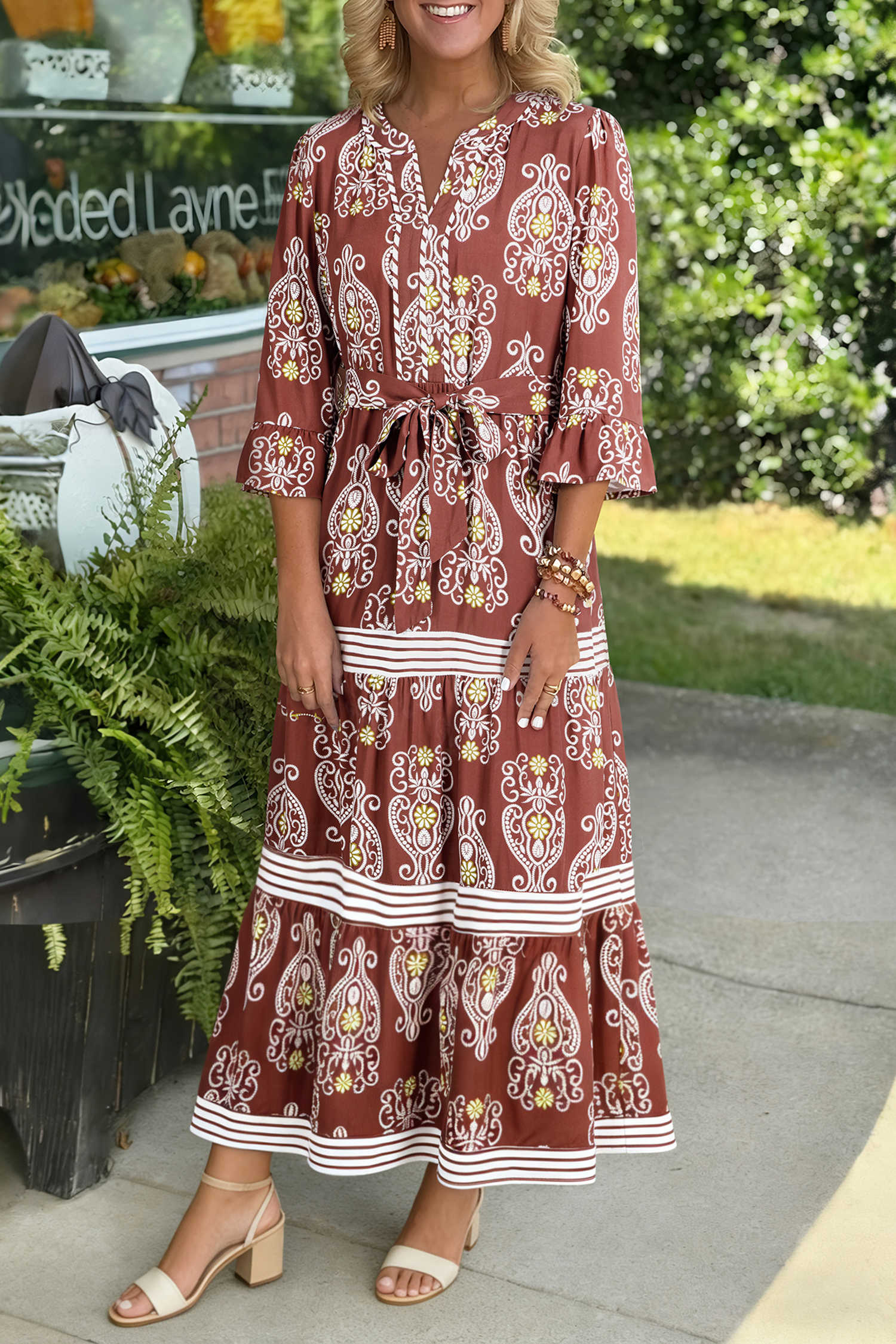 Brown Floral Print Belted Striped Trim Tiered Maxi Dress