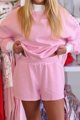 Pink Stripe Oversize Mock Neck Sweatshirt and Shorts Set