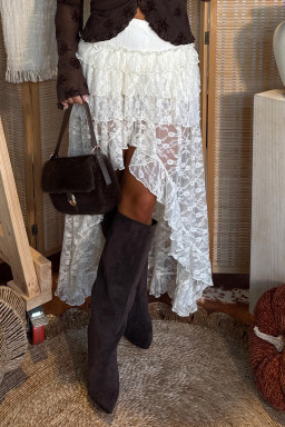 White Sheer Lace Frilly Ruffles High Low Long Skirt