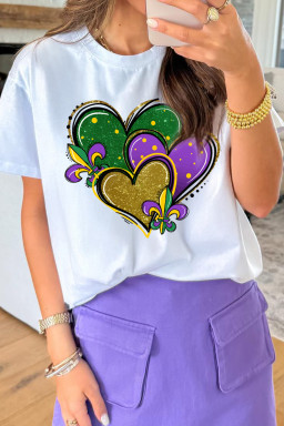 White Mardi Gras Tricolor Heart Print Womens Casual Tee
