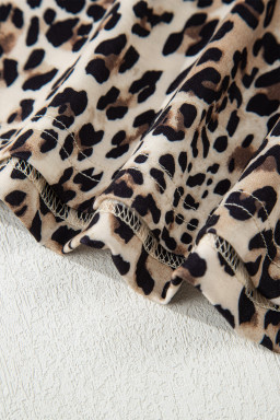 Brown Leopard Print Contrast Trim Round Neck Long Sleeve Top