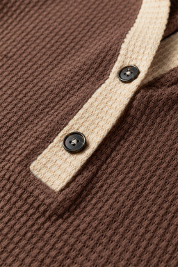 Coffee Waffle Contrast Half Buttoned Hooded Pullover Top