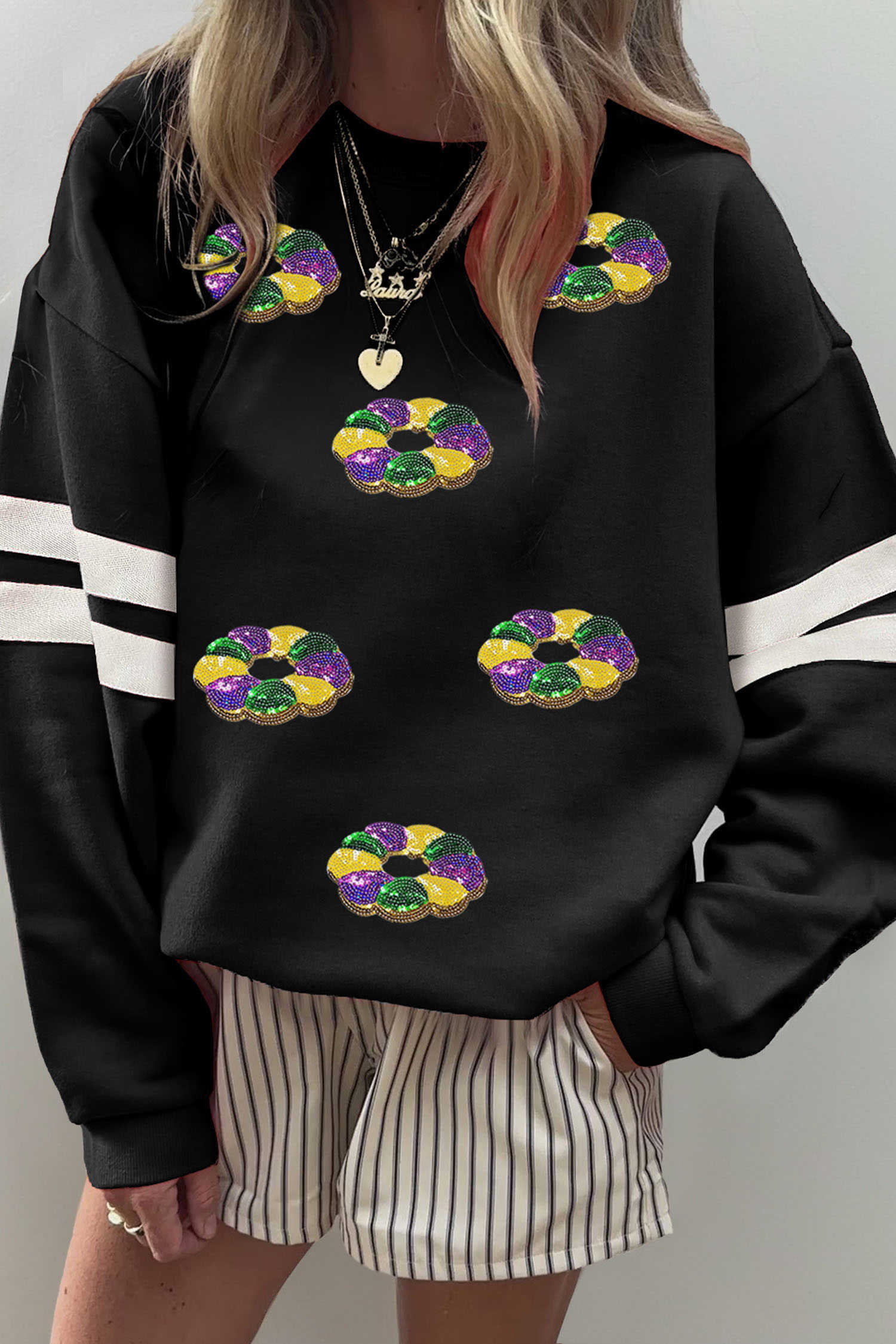 Black Mardi Gras Donuts Sequin Patched Varsity Sweatshirt