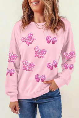 Pink Sequined Bow Patched Pattern Pullover Sweatshirt