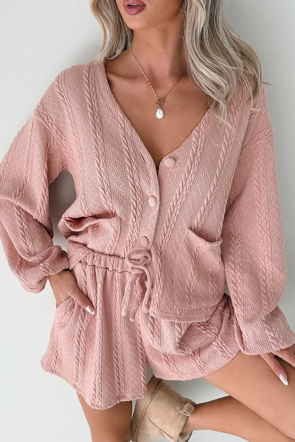 Gossamer Pink Cable Knit V Neck Cardigan Shorts Set