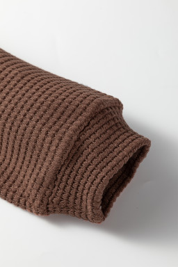 Coffee Waffle Contrast Half Buttoned Hooded Pullover Top
