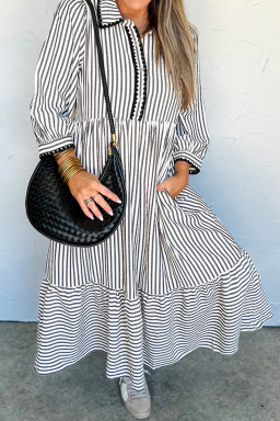 Black Stripe Scallop Trim Shirt Collar Half Button 3/4 Sleeve Long Dress