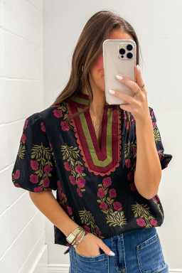 Black Floral Short Bubble Sleeve Contrast Slit Neckline Blouse