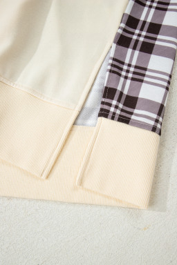 Beige Plaid Patchwork Side Slit Sweatshirt