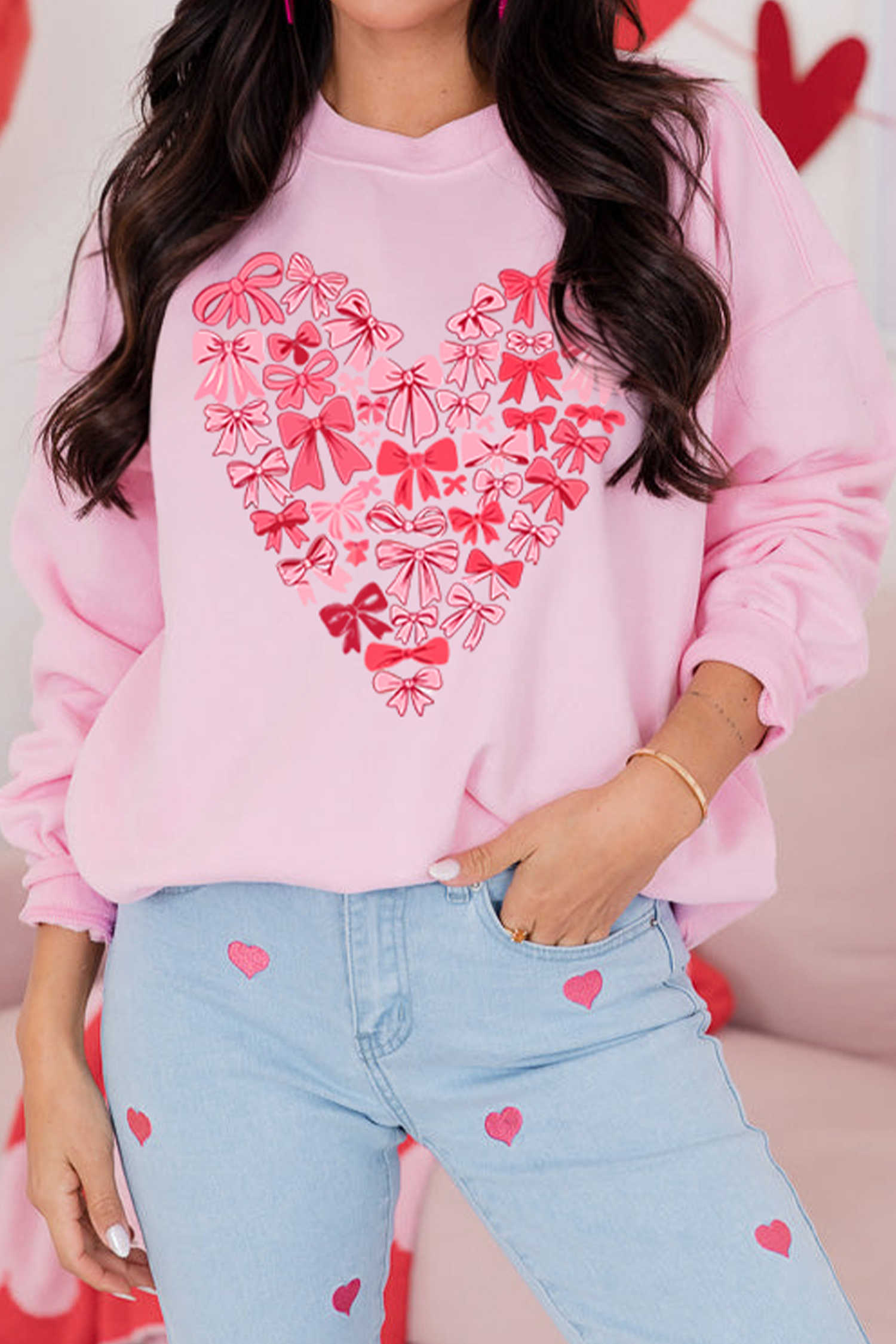Pink Bow Printed Big Heart Valentines Day Pullover Sweatshirt